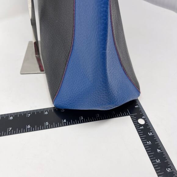 Neiman Marcus Blue Black Tan Faux Leather Colorblock Stripe Tote Bag Purse - Picture 12 of 13